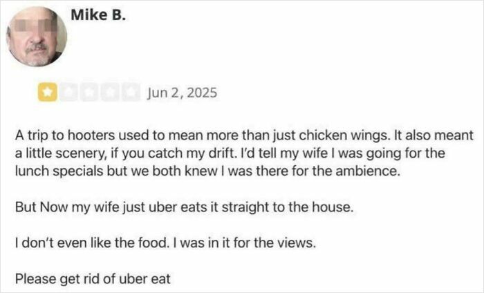 Humorous product and service review about a trip to Hooters lost to Uber Eats delivery and missing the ambience.