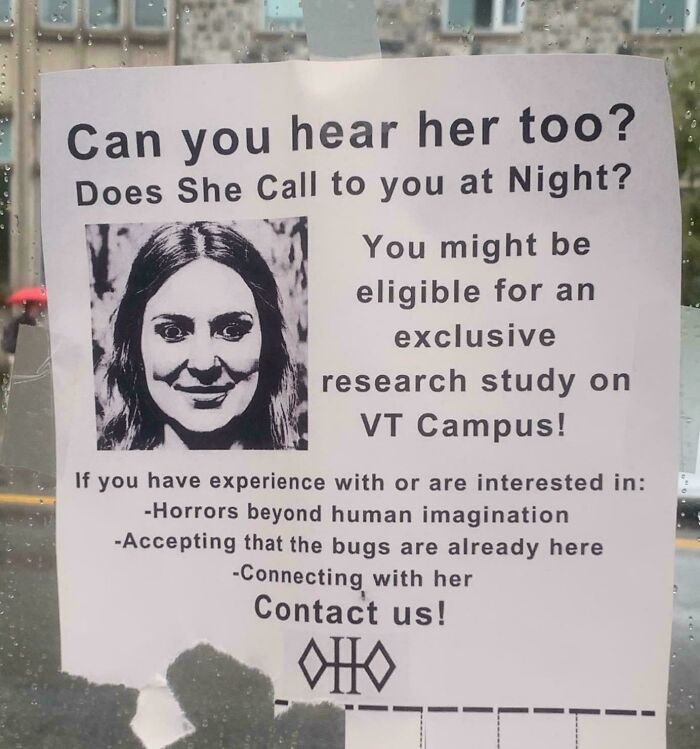 Creepy and unsettling flyer asking if you hear the mysterious woman calling at night, linked to a haunted research study.