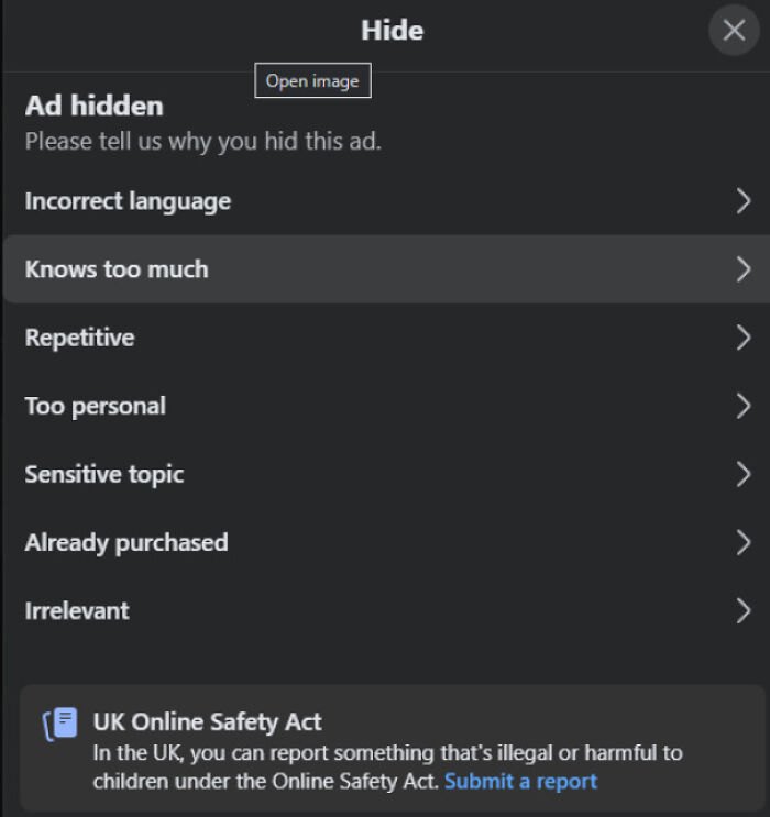 Menu showing reasons to hide an ad, highlighting creepy and unsettling moments captured by people online.