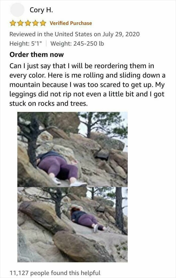 Customer humorously reviews leggings, showing photos of themselves sliding down rocks, highlighting product durability in funny reviews.