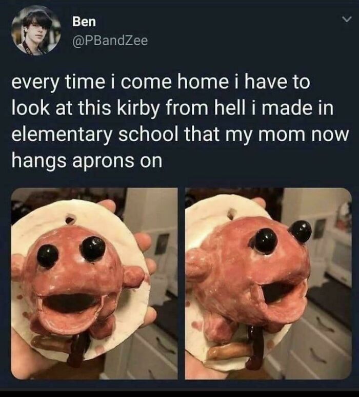 Creepy and unsettling handmade Kirby sculpture from elementary school displayed on apron, capturing eerie and unsettling moments.