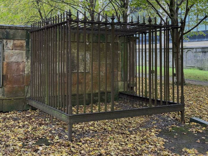 Rusty iron cage standing outdoors on fallen leaves near a stone wall, creating a creepy and unsettling moment captured.