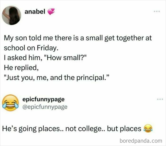 Funny meme about a small school get together featuring entertaining posts and memes to fight boredom.