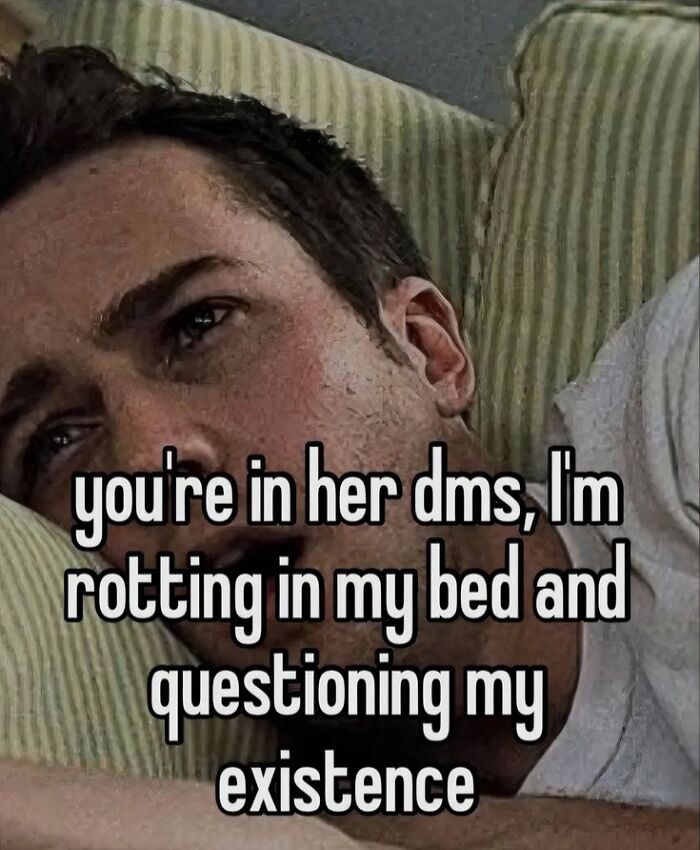 Man lying on a bed with a somber expression, relatable meme about neurodivergent feelings and questioning existence.