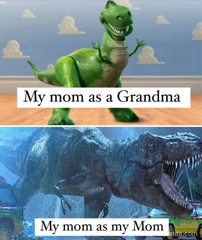 Two images compare a friendly dinosaur as grandma and a fierce dinosaur as mom, illustrating cool mom parenting humor.