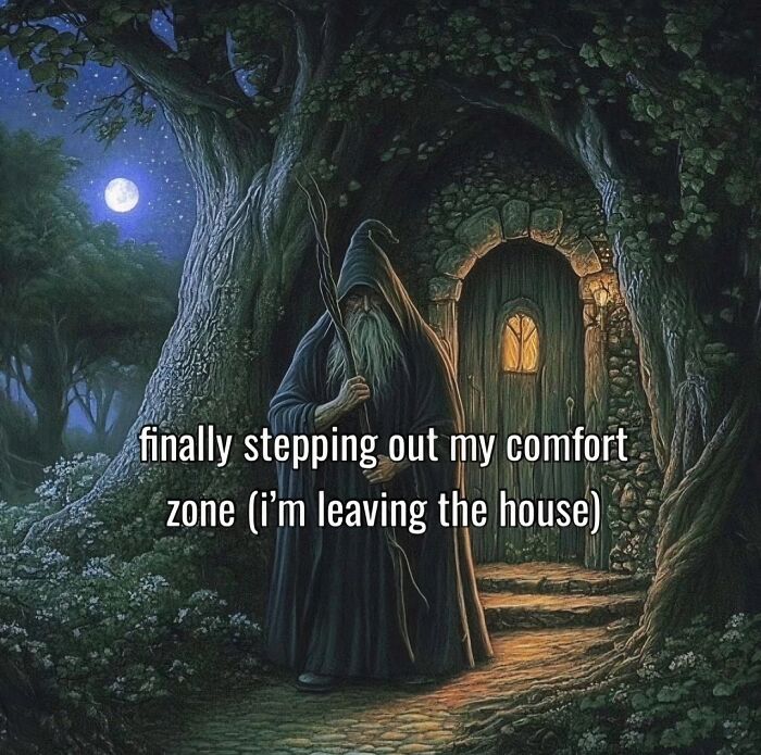 Wizard stepping out of a fantasy forest house at night, illustrating neurodivergent people leaving their comfort zone humorously.