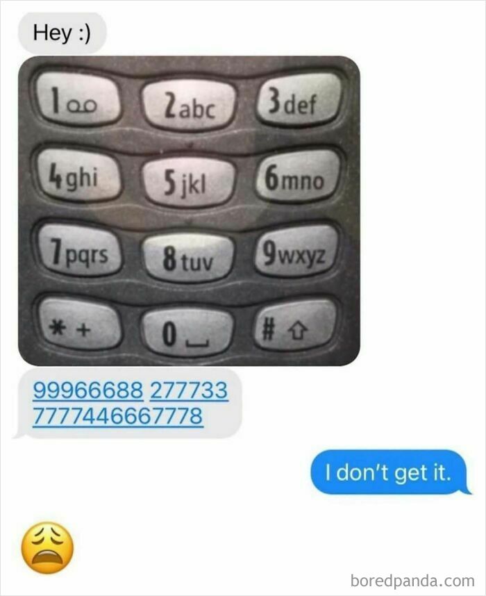 Old mobile keypad with a text message using numbers to create an entertaining post meme to fight boredom.