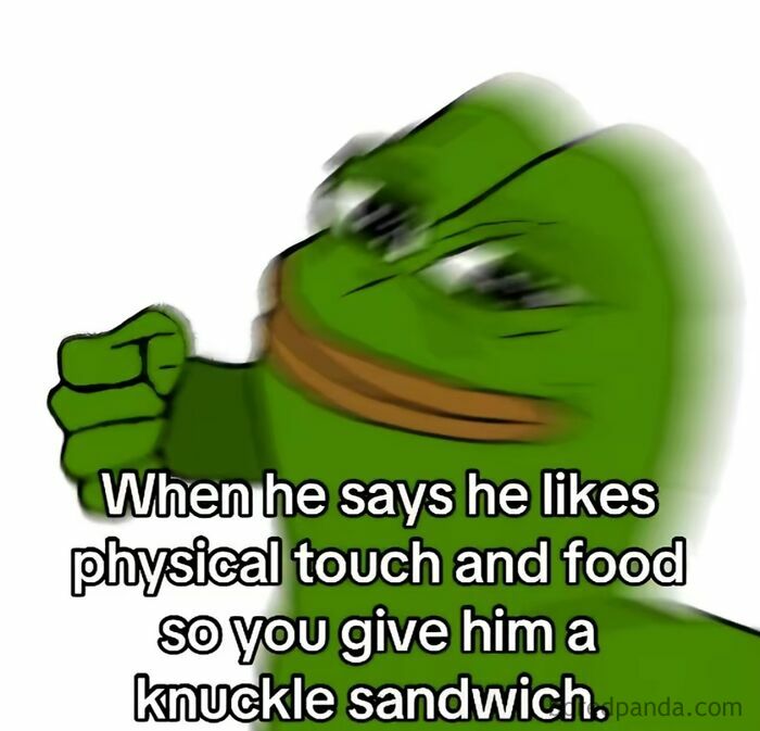 Meme of a green cartoon frog delivering a humorous knuckle sandwich, capturing cool mom parenting humor.