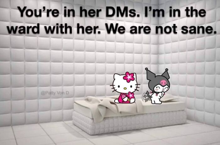 Two cartoon characters sitting on a padded bed in a white padded room with a funny neurodivergent meme text.