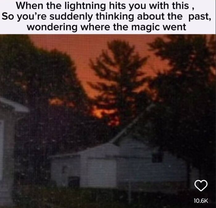 Dark outdoor scene with trees and houses at sunset, reflecting relatable feelings for neurodivergent people in a meme format.