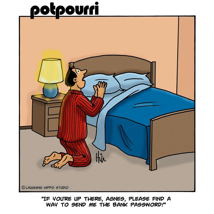 A one-panel comic showing a man in pajamas praying by a bed, part of humorous one-panel comics by Laughing Hippo Studio.