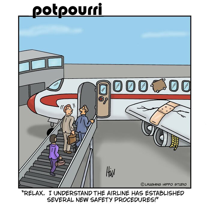 One-panel comic by Laughing Hippo Studio shows passengers boarding plane with wing patched humorously as a safety measure.
