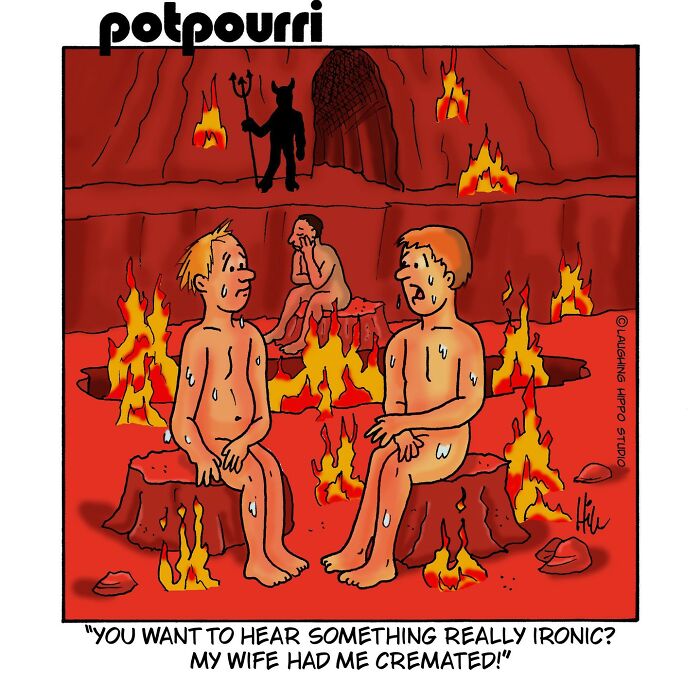 One-panel comic by Laughing Hippo Studio showing two sweating men in hell humorously discussing cremation.