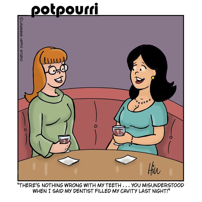 Two women smiling and drinking wine in a comic panel illustrating humor and silly situations by Laughing Hippo Studio.