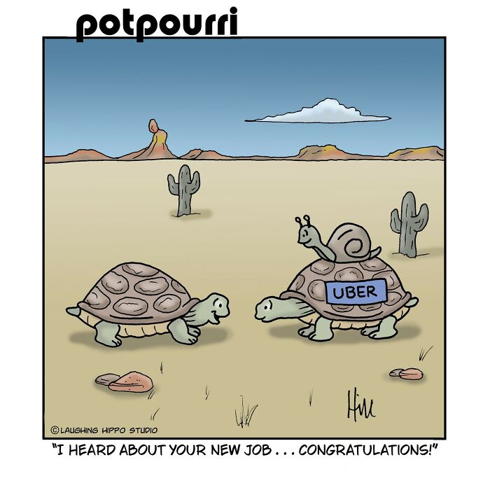 One-panel comic by Laughing Hippo Studio showing two turtles in a desert, one with a snail passenger and Uber sign.