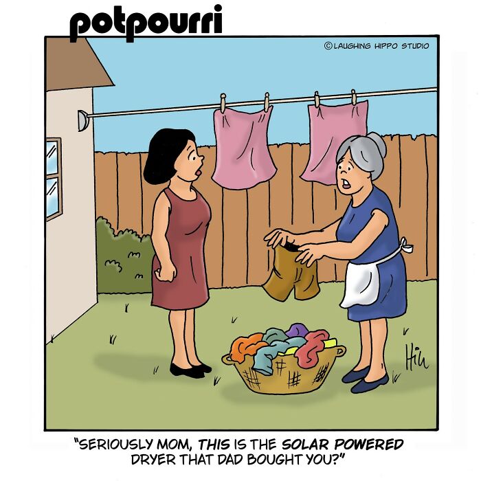 Two women outside with laundry, one holding shorts, in a humorous one-panel comic by Laughing Hippo Studio.