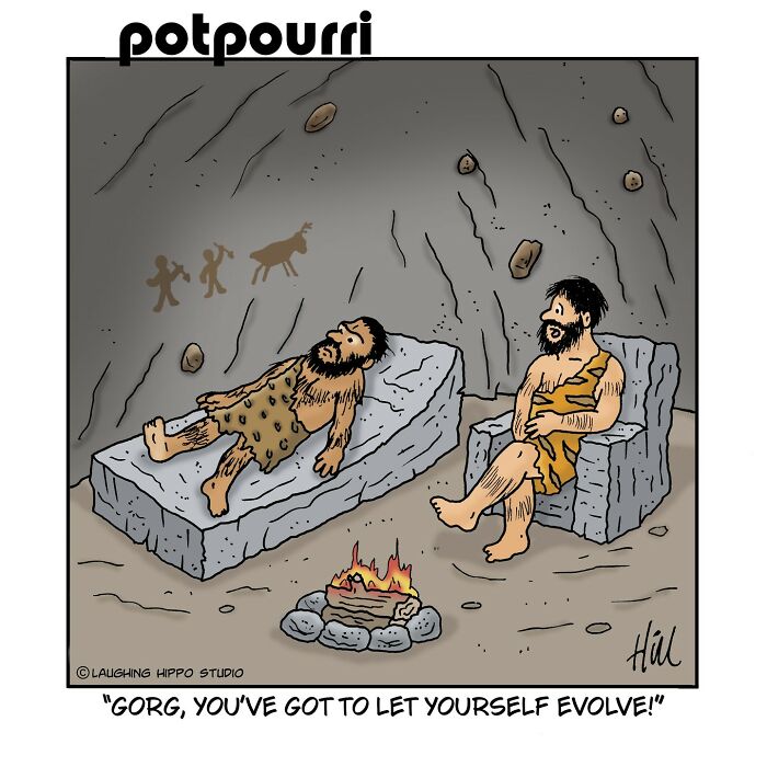 Cavemen in a stone cave with fire, illustrating humorous evolution advice in a one-panel comic by Laughing Hippo Studio.