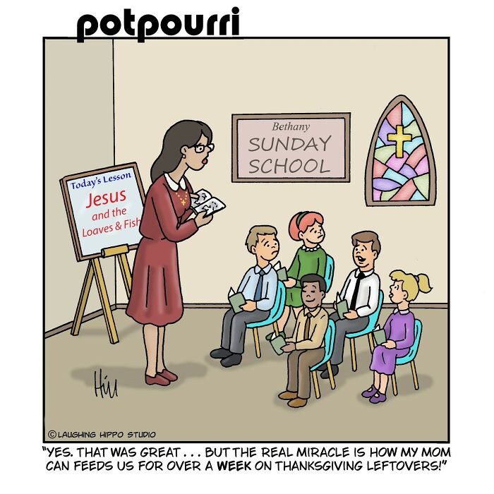 One-panel comic showing a Sunday school teacher and children, humor and silly situations by Laughing Hippo Studio.