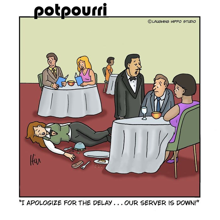 One-panel comic showing a restaurant server collapsed on the floor, humorously illustrating silly situations and humor.