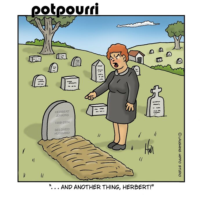 Woman angrily pointing at a grave in a humorous one-panel comic by Laughing Hippo Studio.