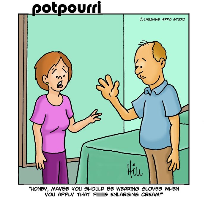 Couple in a humorous one-panel comic by Laughing Hippo Studio discussing a funny situation with skin cream application.