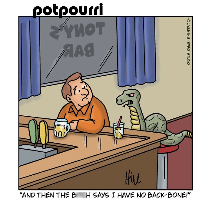 Man and snake sitting at a bar in a humorous one-panel comic by Laughing Hippo Studio.