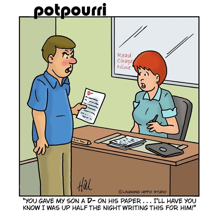 One-panel comic by Laughing Hippo Studio shows a parent upset about a D- grade given to their son’s paper.