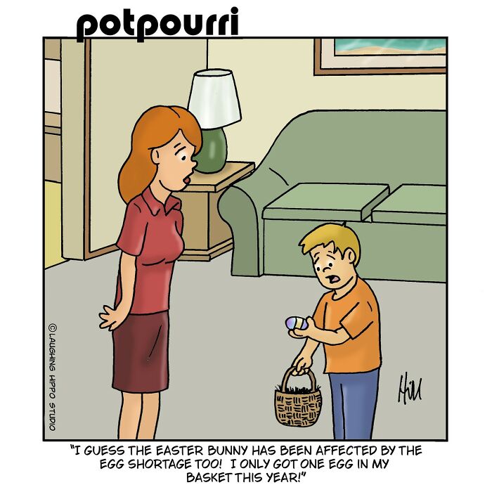 Mother talks to son holding one Easter egg and basket in a humorous one-panel comic by Laughing Hippo Studio.