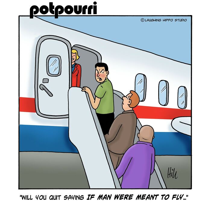 Three men boarding a plane with a flight attendant, from a one-panel comic by Laughing Hippo Studio.