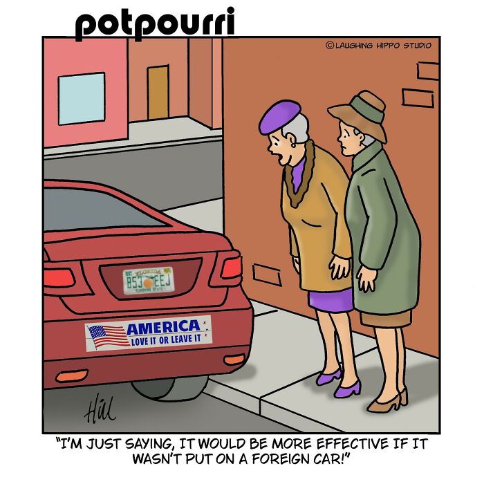 Two older women in coats and hats looking at a red foreign car in a humorous one-panel comic by Laughing Hippo Studio.