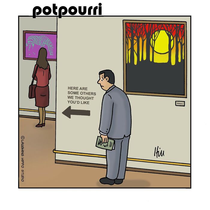 Man in suit in art gallery looking at a humorous one-panel comic with silly situations by Laughing Hippo Studio.