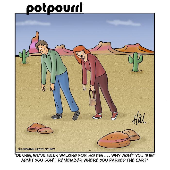Two tired people in a desert setting in a humorous one-panel comic by Laughing Hippo Studio.