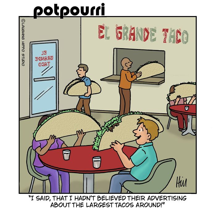 Comic scene showing people eating oversized tacos, a humorous one-panel comic filled with silly situations by Laughing Hippo Studio.