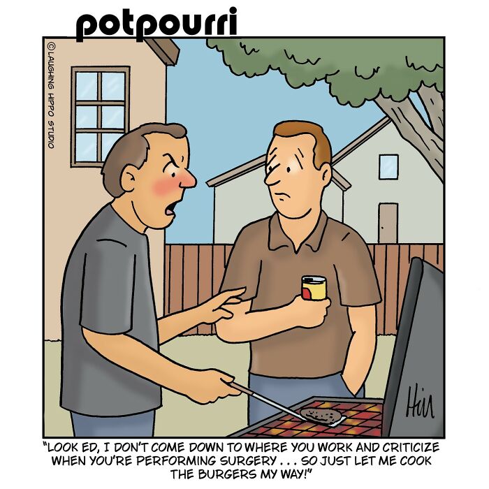 Two men at a backyard barbecue, one grilling burgers while the other criticizes, in a humorous one-panel comic.