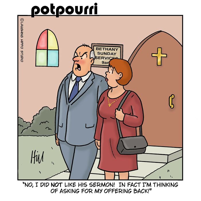 Couple outside church in one-panel comic by Laughing Hippo Studio illustrating humor and silly situations.