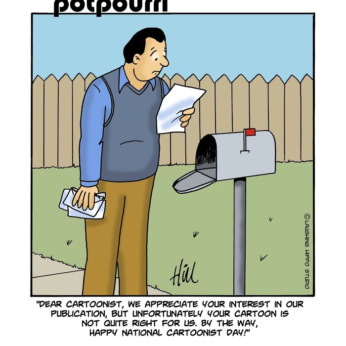 Man reading humorous rejection letter by mailbox in one-panel comic with silly situations by Laughing Hippo Studio.