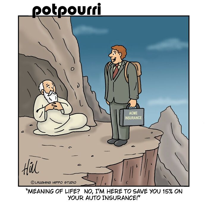 One-panel comic shows a businessman offering auto insurance to a sage on a mountain cliff in a humorous situation.