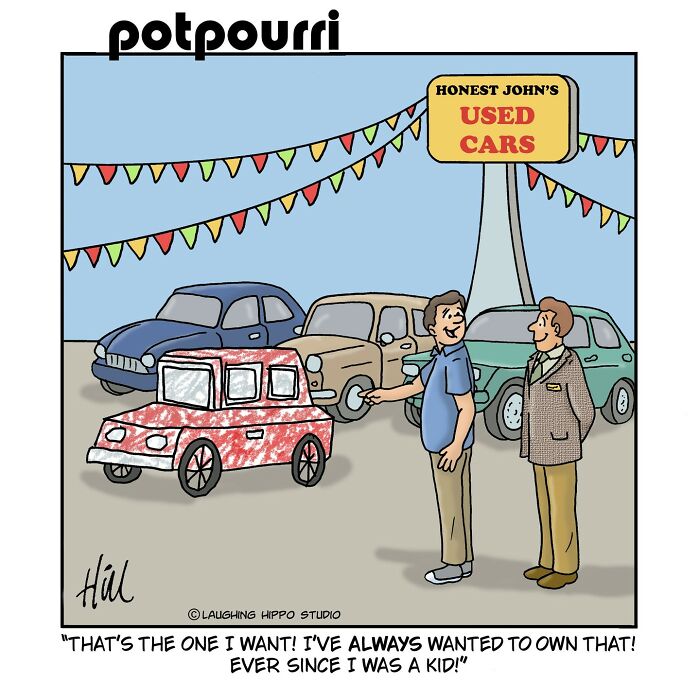 Cartoon from one-panel comics by Laughing Hippo Studio showing a man excited about a used car at a dealership.