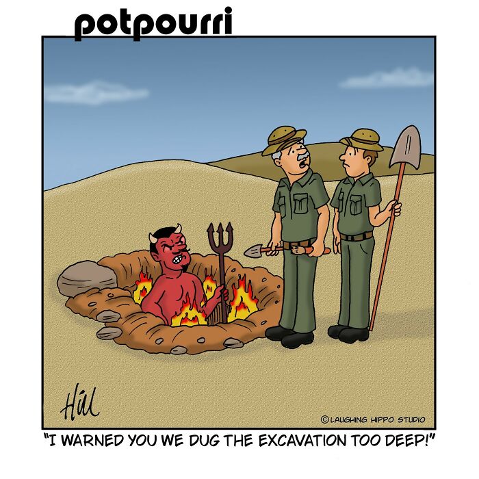 One-panel comic by Laughing Hippo Studio showing two workers surprised by a devil in a fiery pit during excavation.