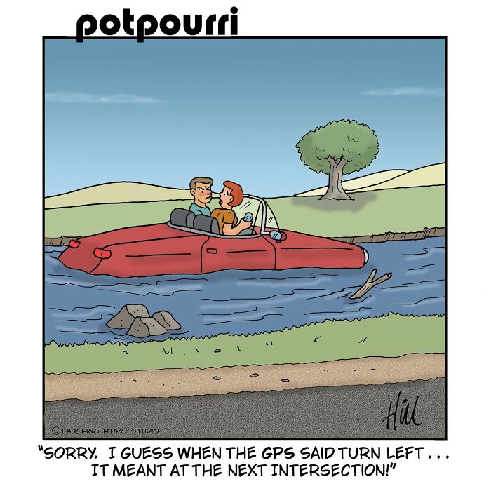 Couple humorously driving a car in a river, illustrating funny and silly situations in one-panel comics by Laughing Hippo Studio.