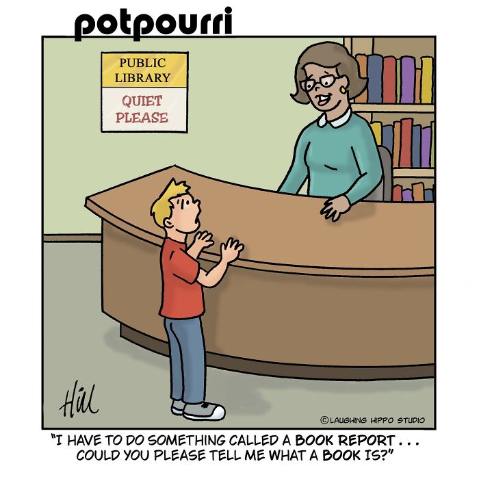 Child asking librarian to explain what a book is in a humorous one-panel comic by Laughing Hippo Studio.