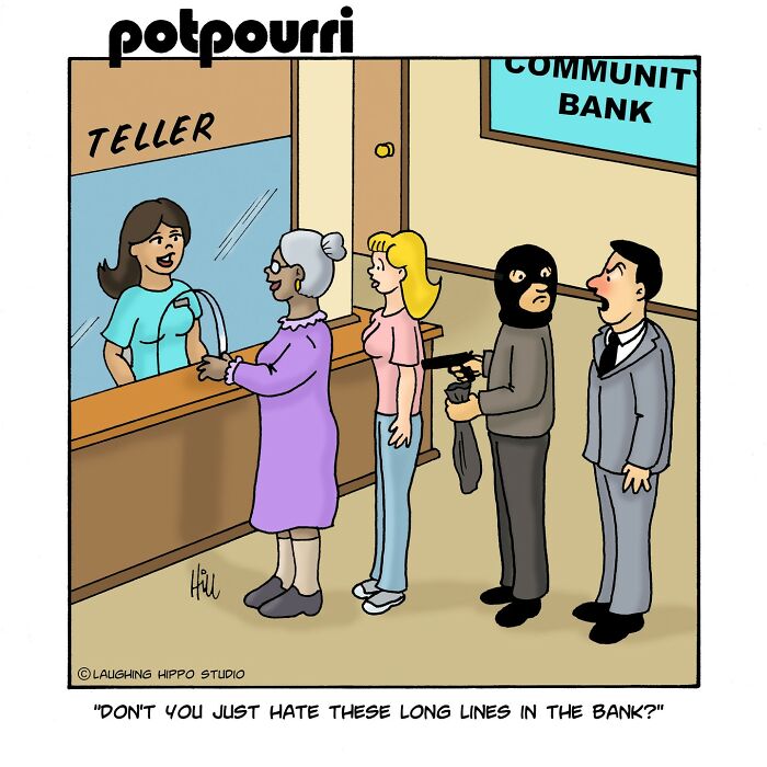Bank teller cartoon with a line including a robber, humorous one-panel comic by Laughing Hippo Studio.