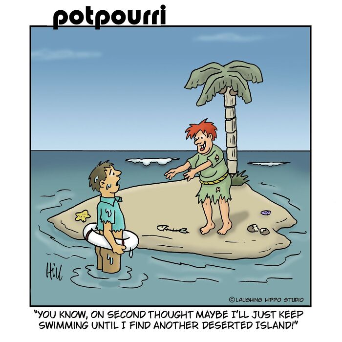 One-panel comic by Laughing Hippo Studio shows a humorous desert island scene with two stranded characters.
