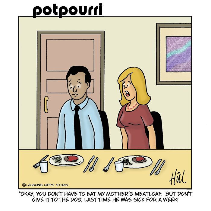 One-panel comic by Laughing Hippo Studio showing a couple at a table discussing humorous meatloaf concerns.