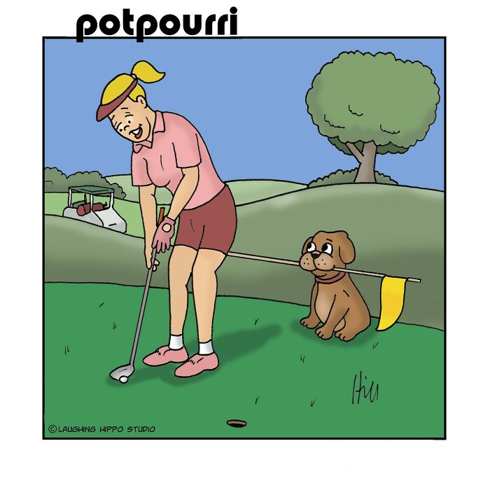 Woman playing golf with dog holding flag in its mouth in a humorous one-panel comic by Laughing Hippo Studio