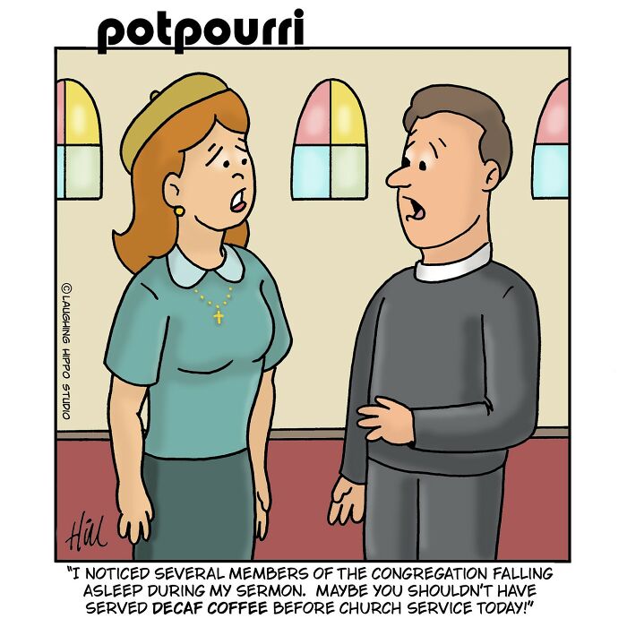 One-panel comic by Laughing Hippo Studio showing humorous church scene with priest and woman discussing decaf coffee.