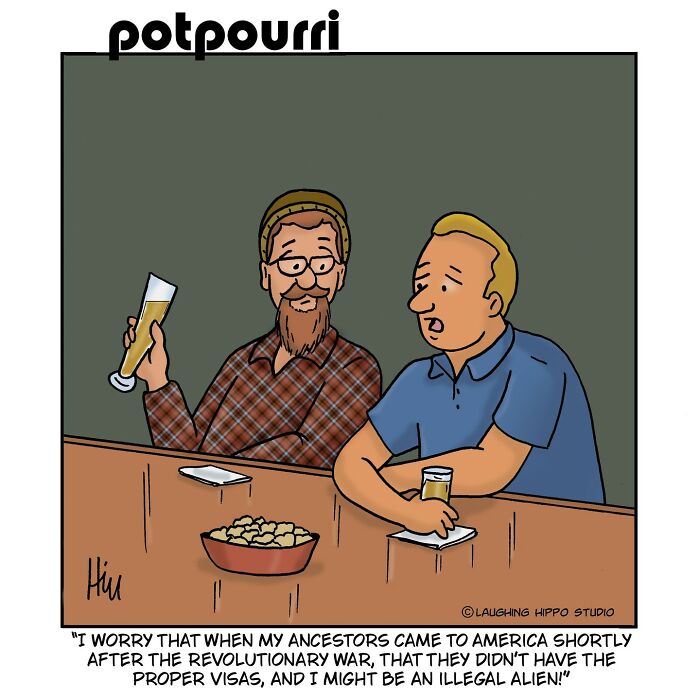 Two men at a bar in a humorous one-panel comic about funny and silly situations by Laughing Hippo Studio.