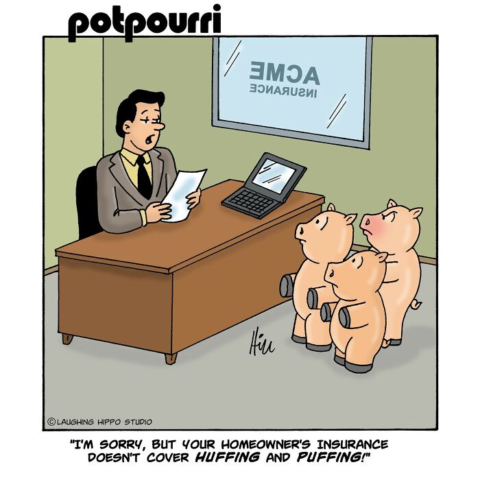 One-panel comic by Laughing Hippo Studio showing pigs in an insurance office with a humorous situation.