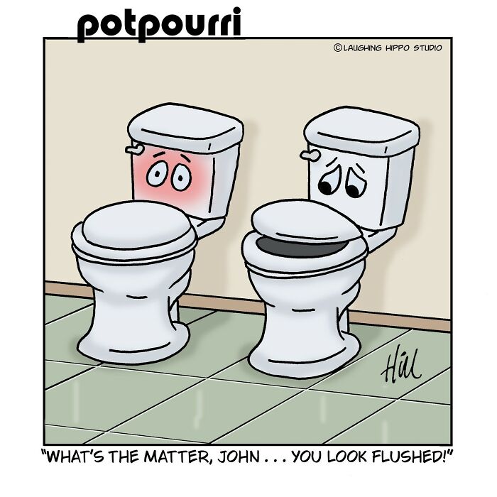 Two anthropomorphic toilets with faces in a humorous one-panel comic from Laughing Hippo Studio.