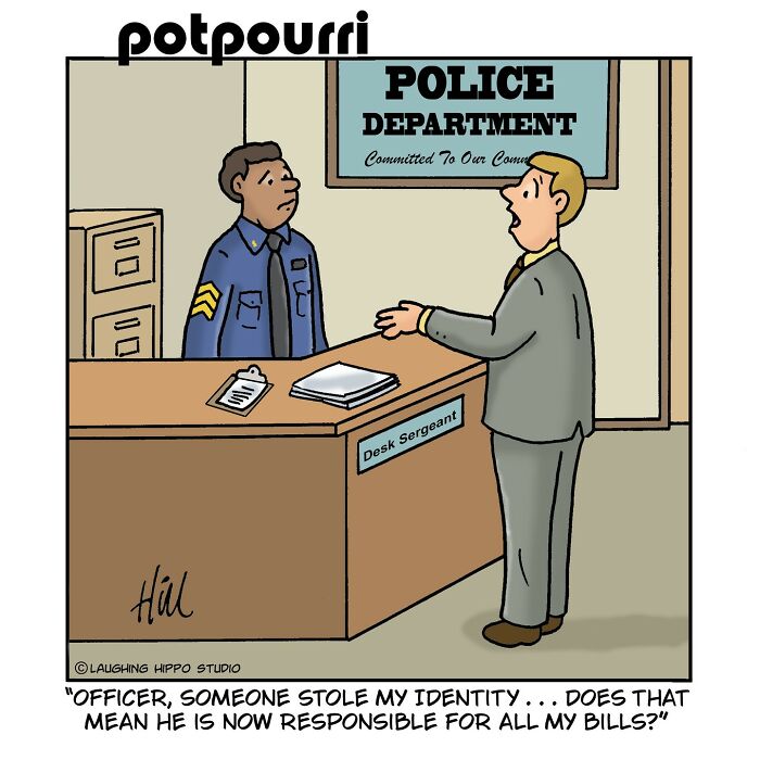 One-panel comic from Laughing Hippo Studio showing a man asking a police sergeant about identity theft consequences.